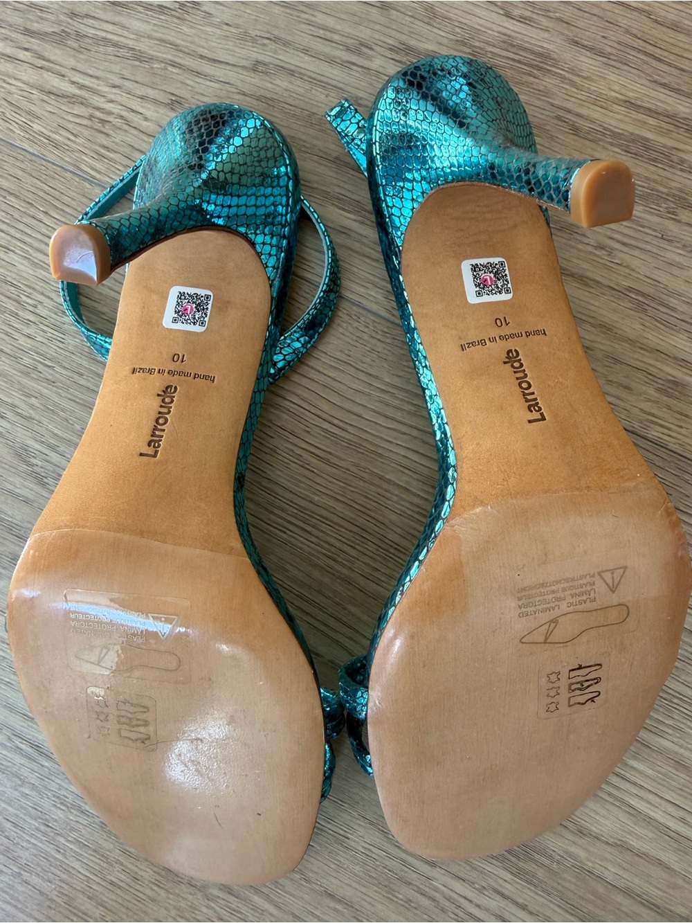 Larroudé Metallic Turquoise Snakeskin Strappy Heels Sandals Size 10 - Picture 3 of 5